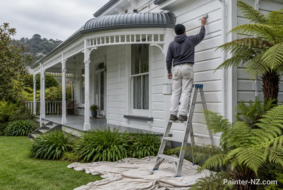 A painter on a ladder repainting the white weatherboards of an old villa with a veranda
