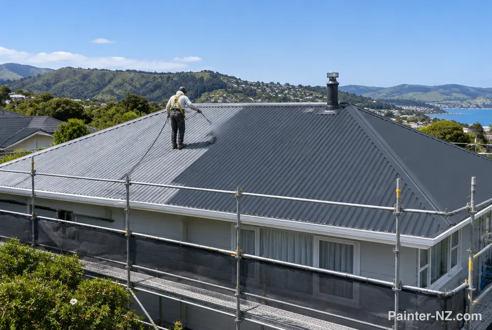 A roof painter in a harness spraying a corrugated iron roof dark grey, scaffolding along the edge
